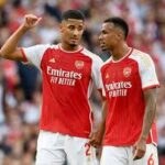 Saliba and Gabriel celebrating a clean sheet together, showing camaraderie and defensive strength. Top Arsenal players